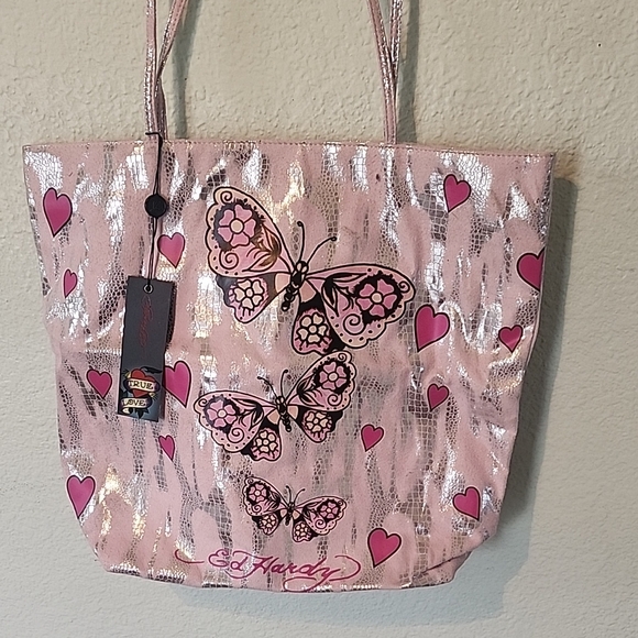 Ed Hardy Pink and Silver Butterfly Heart Tote - Picture 7 of 12